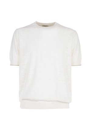 Maglione bianco in maglia a maniche corte con scollatura rotonda a coste, polsini e orlo, mostrato su uno sfondo bianco semplice.