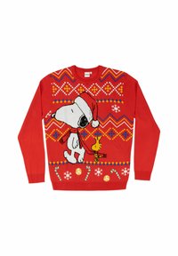 Maglione rosso con un design lavorato a maglia che presenta Snoopy e Woodstock. Include motivi geometrici, bastoncini di zucchero e fiocchi di neve.