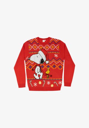 Maglione rosso con un design lavorato a maglia che presenta Snoopy e Woodstock. Include motivi geometrici, bastoncini di zucchero e fiocchi di neve.
