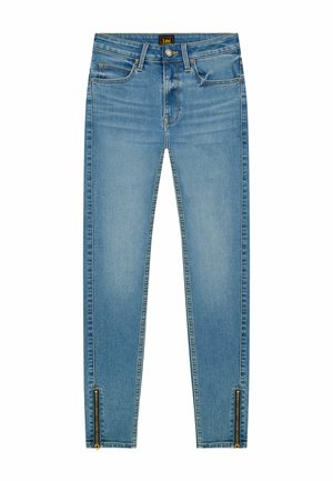 Lyseblå skinny jeans med forlommer, bæltestropper, knaplukning og lynlåse ved anklerne.