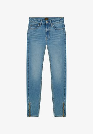 Jeans skinny azzurri con tasche frontali, passanti per cintura, chiusura con bottoni e cerniere alle caviglie.