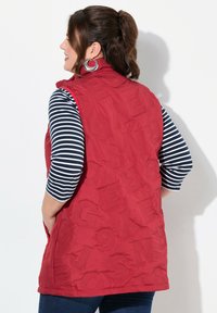 Rote gesteppte Weste mit eingeprägt gestaltetem Text. Verfügt über einen hohen Kragen und seitliche Taschen. Getragen über einem langärmeligen Hemd mit blau-weißen Streifen.