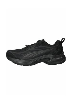 Black athletic sneaker with mesh and synthetic upper, thick cushioned sole, lace-up front, and pull tab at the heel, shown from outer side.