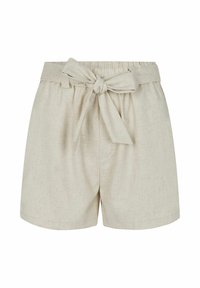 Pantaloni corti in lino beige con elastico in vita, dettaglio a fiocco annodato sul davanti e tessuto testurizzato. Presenta tasche laterali.