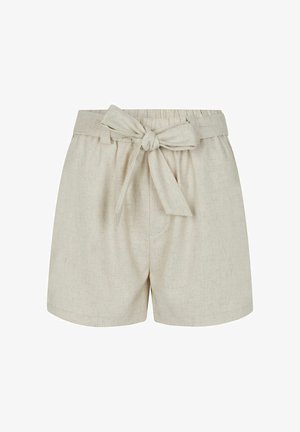 Bež kratke hlače iz lanu z elastičnim pasom, z vezanimi pentljami spredaj in strukturnim materialom. Imajo stranske žepe.