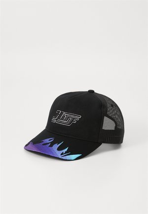 Black cap with a mesh back, featuring an embroidered logo and a visor with a gradient blue to purple flame design.