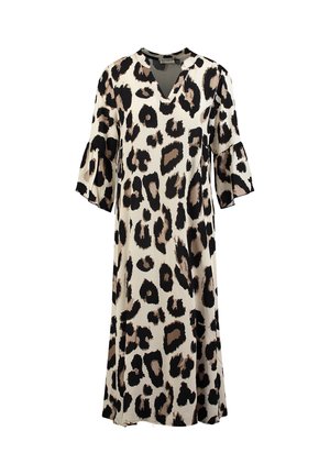 Lockeres, midellanges Kleid mit schwarzem und beigem Leopardenmuster, V-Ausschnitt und dreiviertelärmeligen, gerafften Ärmeln auf hellem Hintergrund.