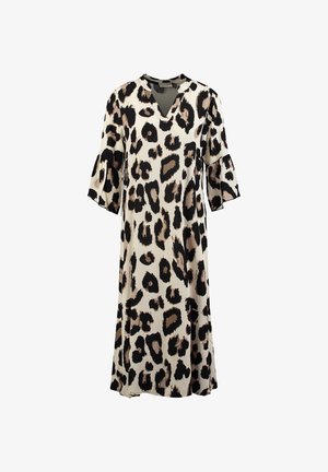 Lockeres, midellanges Kleid mit schwarzem und beigem Leopardenmuster, V-Ausschnitt und dreiviertelärmeligen, gerafften Ärmeln auf hellem Hintergrund.