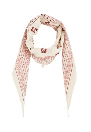 Foulard triangulaire crème et marron à motifs floraux et feuillus, plié et stylisé en boucle avec des extrémités pointues qui pendent.