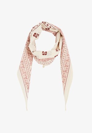 Foulard triangulaire crème et marron à motifs floraux et feuillus, plié et stylisé en boucle avec des extrémités pointues qui pendent.