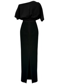 Czarna sukienka z asymetrycznym dekoltem, krótkimi rękawami i dopasowanym krojem oraz wysokim rozcięciem i guzikami z tyłu.