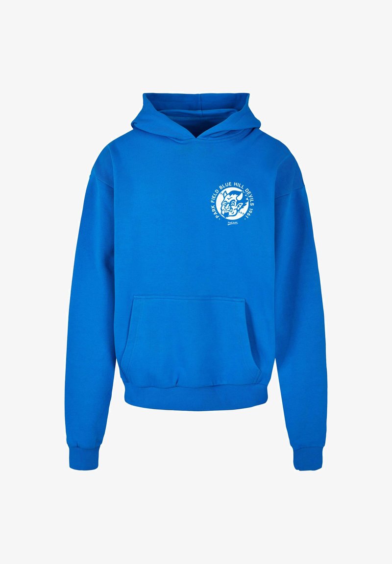 Sudadera azul hecha de una mezcla de algodón, con un bolsillo tipo canguro en el frente, puños acanalados y un gráfico circular con un logotipo de cara en el pecho.