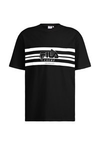 Schwarzes Baumwoll-T-Shirt mit einem weißen horizontalen Streifen und FILA-Branding. Kurze Ärmel und Rundkragen mit glatter Textur.