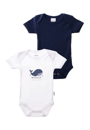 Two short-sleeve baby bodysuits, one solid navy blue and one white with a blue whale graphic and the text "WHALE HELLO THERE."