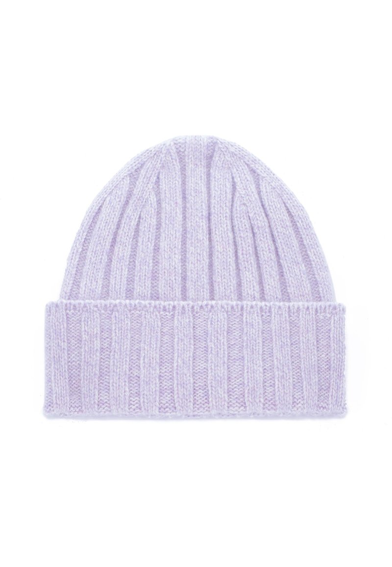Berretto lavorato a maglia di colore viola chiaro con design a coste e risvolto. Tessuto morbido con dettagli di cucitura visibili su tutta la superficie.