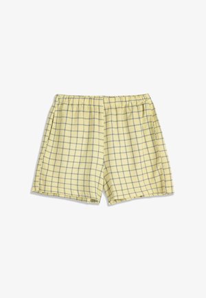 Shorts en coton jaune avec motif en grille bleue et taille élastique, étalés à plat sur un fond blanc.