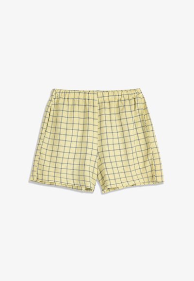 Shorts en coton jaune avec motif en grille bleue et taille élastique, étalés à plat sur un fond blanc.