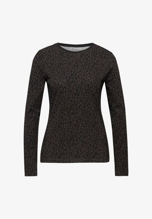 Camisa de manga larga en un tejido oscuro con un patrón de estampado de leopardo. Tiene un cuello redondo y una silueta ajustada.