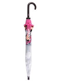 Roze paraplu met een cartoonontwerp, transparante koepel met witte stippen, zwarte handgreep en een ronde punt.