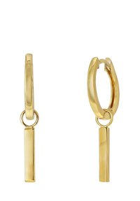 Gouden hoepeloorbellen met een verticale hangbalk. Glad oppervlak, cirkelvorm, met een gepolijste textuur en een minimalistisch ontwerp.