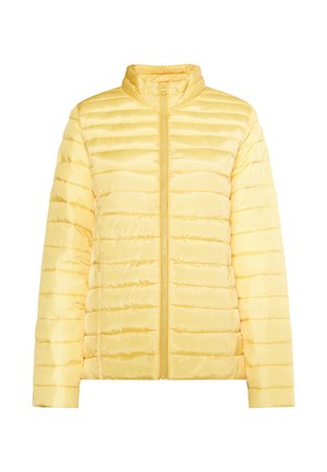 Giacca imbottita gialla con colletto alto, chiusura a zip e motivo trapuntato orizzontale. Realizzata in tessuto leggero e lucido.