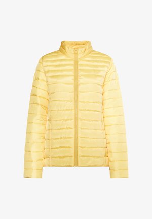 Žlutá zateplená bunda s vysokým límečkem, zapínáním na zip a vodorovným prošíváním. Vyrobena z lehkého, lesklého materiálu.