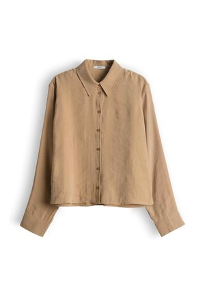 Lichtbruine, lange mouwen blouse met knopen en kraag, gemaakt van gladde stof; heeft een rechte zoom en een knoopsluiting aan de voorkant.