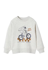 Hellgrauer Sweatshirt mit geripptem Rundhalsausschnitt und Bündchen. Mit einem Grafikmotiv eines Radfahrers und dem Text "URBAN SESSION EXTREME SPORT" in Braun und Marineblau.