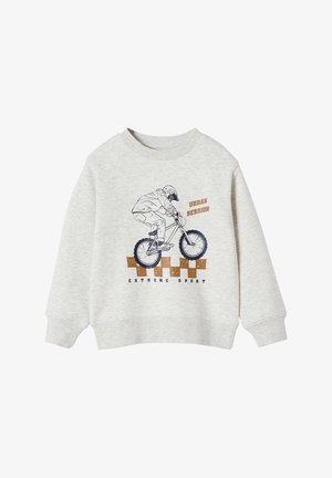 Light gray sweatshirt with ribbed neckline and cuffs. Features a graphic of a cyclist and text "URBAN SESSION EXTREME SPORT" in brown and navy.