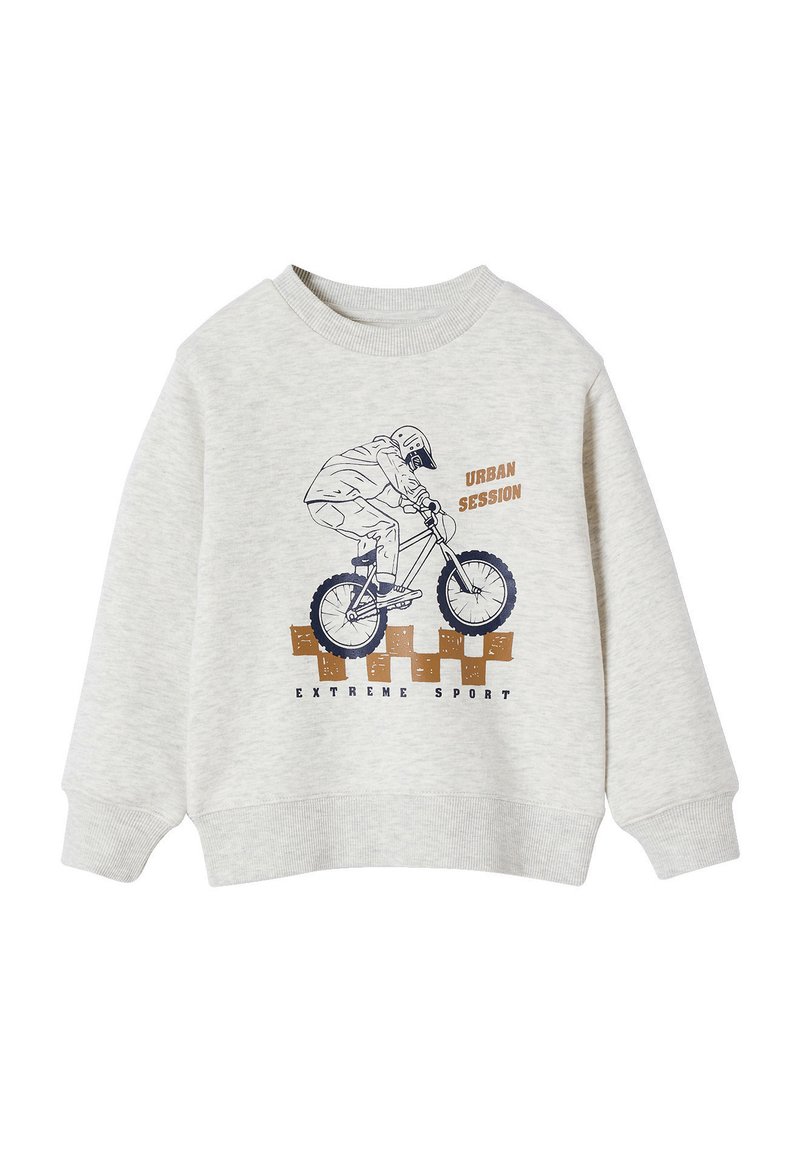 Hellgrauer Sweatshirt mit geripptem Rundhalsausschnitt und Bündchen. Mit einem Grafikmotiv eines Radfahrers und dem Text "URBAN SESSION EXTREME SPORT" in Braun und Marineblau.