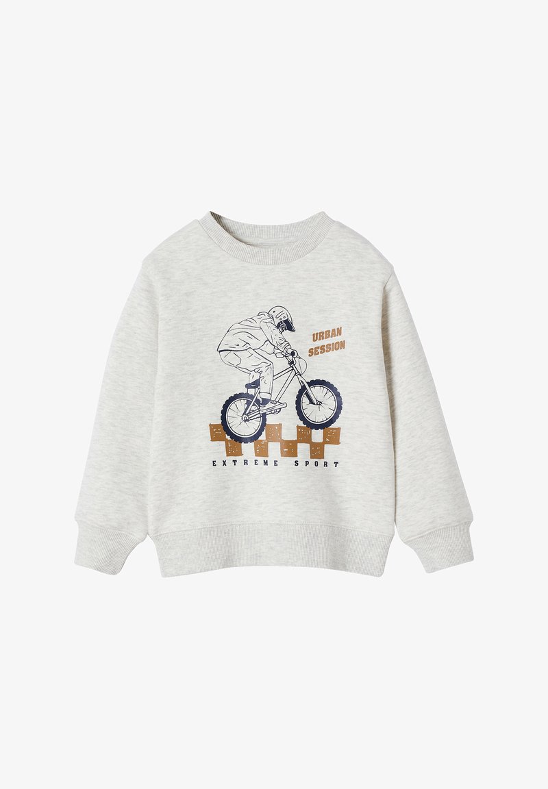 Hellgrauer Sweatshirt mit geripptem Rundhalsausschnitt und Bündchen. Mit einem Grafikmotiv eines Radfahrers und dem Text "URBAN SESSION EXTREME SPORT" in Braun und Marineblau.