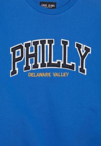 Niebieska bluzka z kapturem z napisem "PHILLY" w białym i czarnym wyszyciu oraz "DELAWARE VALLEY" w żółtym poniżej. Ribbed okrągły dekolt. Miękki materiał.