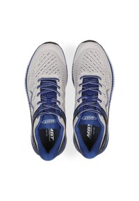 Zapatillas deportivas en gris y azul con una parte superior de malla, punteras redondeadas y acentos en negro. Presentan cordones azules y una plantilla de marca.