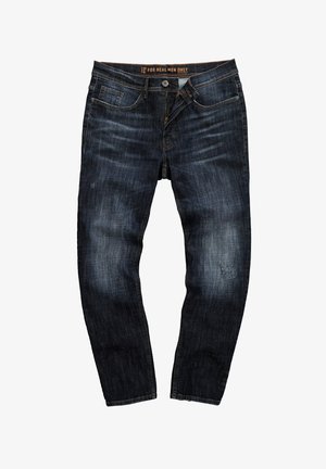 Jeans in denim blu scuro con un lavaggio leggermente sbiadito, cinque tasche, chiusura a bottone e leggere rotture vicino al ginocchio. Per uomo.