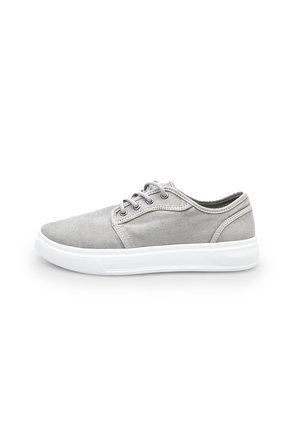 Gray canvas sneaker with white rubber sole, lace-up design, rounded toe, and stitching accents. Lightweight and smooth texture.