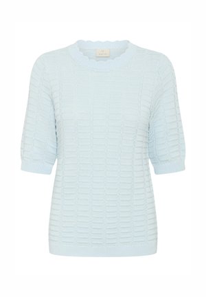 Pull tricoté bleu clair à manches courtes avec motif carré texturé et col rond ainsi que poignets côtelés.