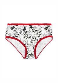 Boyshorts in cotone con sfondo bianco, caratterizzati da una stampa in bianco e nero di Topolino, con bordini rossi lungo la vita e le aperture delle gambe.