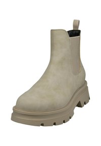 Beige Knöchelstiefel mit strukturiertem Wildlederfinish, elastischen Seitenpaneelen, einer Lasche an der Ferse und einer dicken, robusten, hellen Sohle.