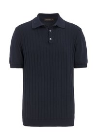 Mörkblå kortärmad polo som är tillverkad av ribbat stickat tyg, med krage och treknappsplacket, samt elastisk nederkant och ärmslut.