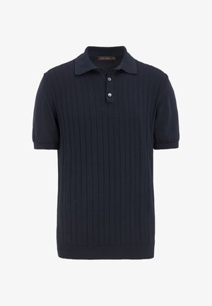 Navyblauwe polo met korte mouwen, gemaakt van geribd breisel, met een kraag en een drie-knopen sluiting, voorzien van een elastische zoom en manchetten.