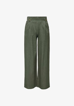 Weite Hosen in einem gedämpften Olivgrün, aus einem weichen Stoff gefertigt, mit einem elastischen Bund und zwei Knopfakzenten an der Vorderseite.