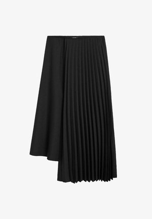 Black pleated skirt featuring asymmetrical design, smooth texture on one side and crisp pleats on the other, with a mid-length cut.