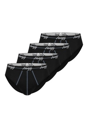 Four black men's briefs with white "Sloggi" logo on the waistband and vertical gray stitching on the front.