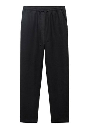 Pantaloni neri leggeri realizzati in tessuto morbido; presentano un elastico in vita con cordoncino, tasche laterali e un design a gamba dritta.