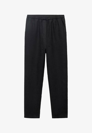 Schwarze, leichte Hose aus weichem Stoff; verfügt über einen elastischen Taillenbund mit Kordelzug, seitliche Taschen und ein gerades Bein-Design.