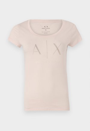 Lyserød kortærmet t-shirt lavet af bomuld, med rund halsudskæring og dekorativ "AIX" tekst med prik akcenter.