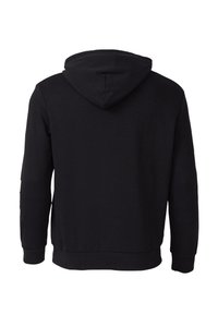 Schwarzer Kapuzenpullover aus strukturiertem Stoff. Verfügt über gerippte Bündchen und Saum, eine Kängurutasche und ein Rückendesign ohne Verzierungen.