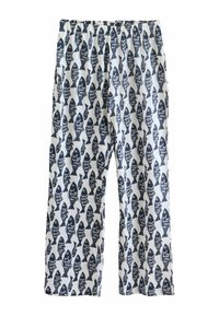 Pantaloni albi cu model de pești negri, talie elastică, croi lejer, stil casual.