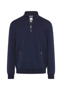 Navy pullover with a half-zip collar, made of soft fabric. Features two front zippered pockets and ribbed cuffs. Simple, clean design.