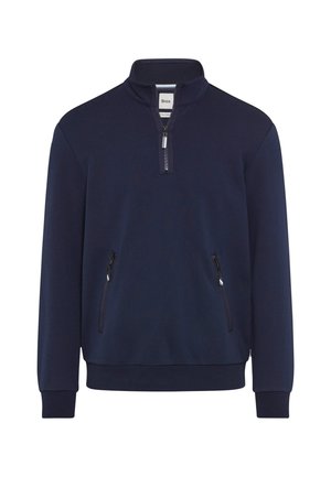 Navy Pullover mit einem halben Reißverschluss am Kragen, aus weichem Stoff. Verfügt über zwei vordere Reißverschlusstaschen und gerippte Bündchen. Einfaches, sauberes Design.